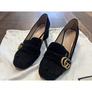Gucci Marmont Black Suede GG Logo Kiltie Fringe Block Heel Loafer Pumps 37 1/2